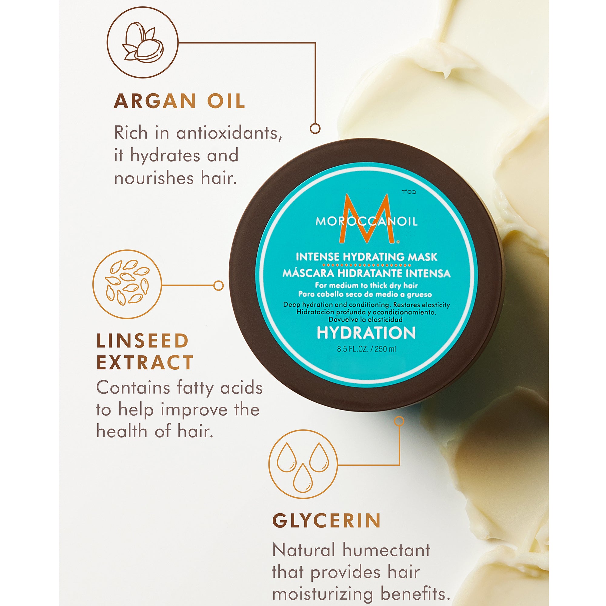 Moroccanoil Intense Hydrating Mask with ingredients listed on a white background