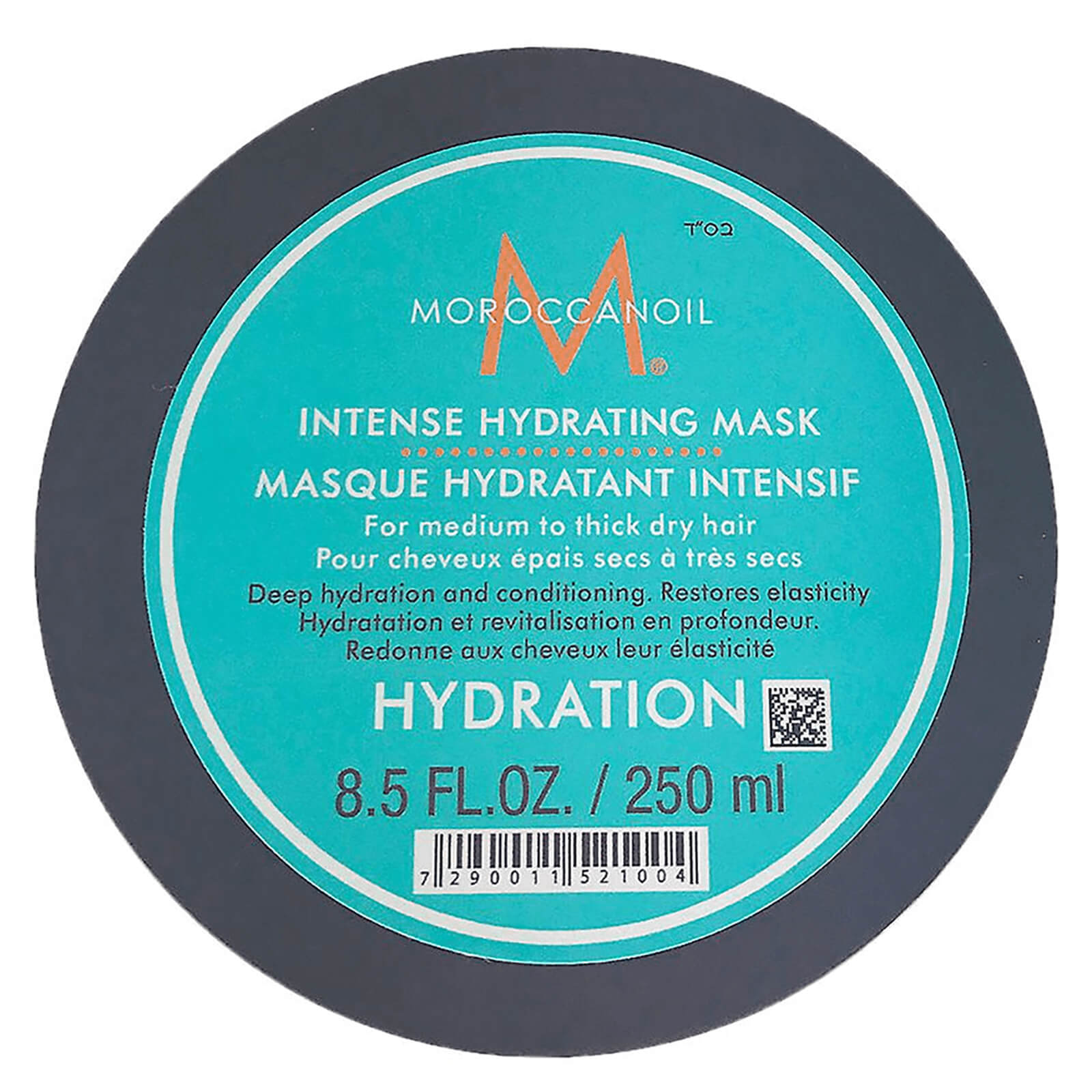 Moroccanoil Intense Hydrating Mask container with blue label and black lid on a white background