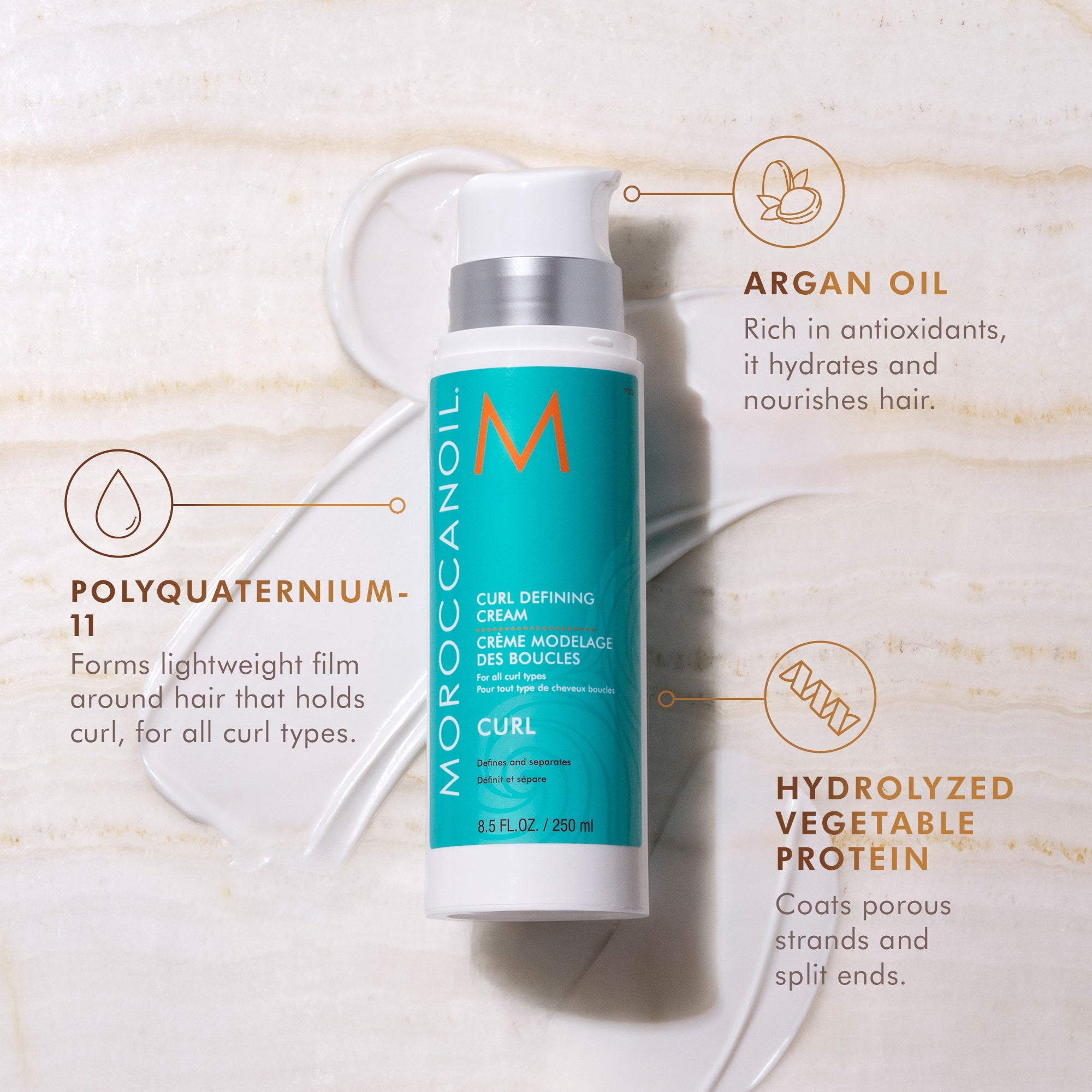 Moroccanoil Curl Defining Cream bottle with product features on a light background