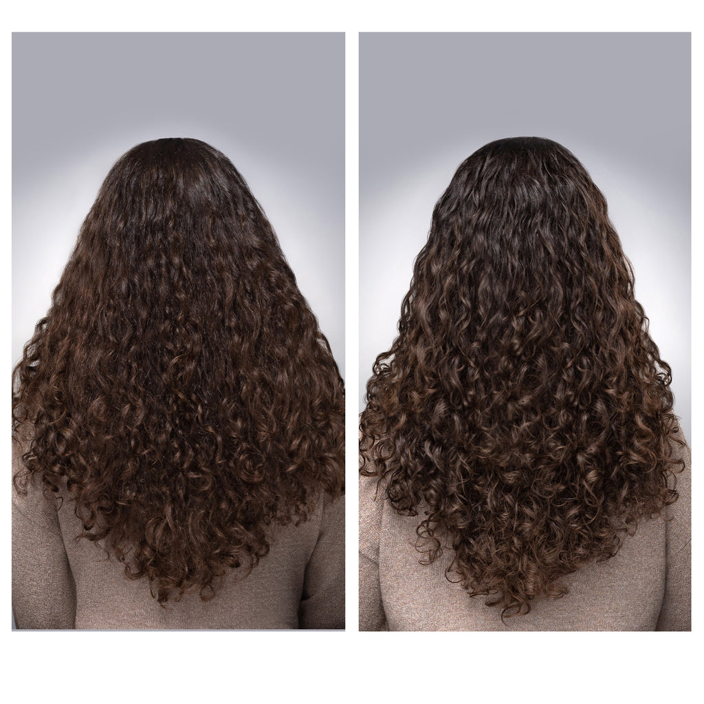 Two views of a person with long, wavy hair on a neutral background