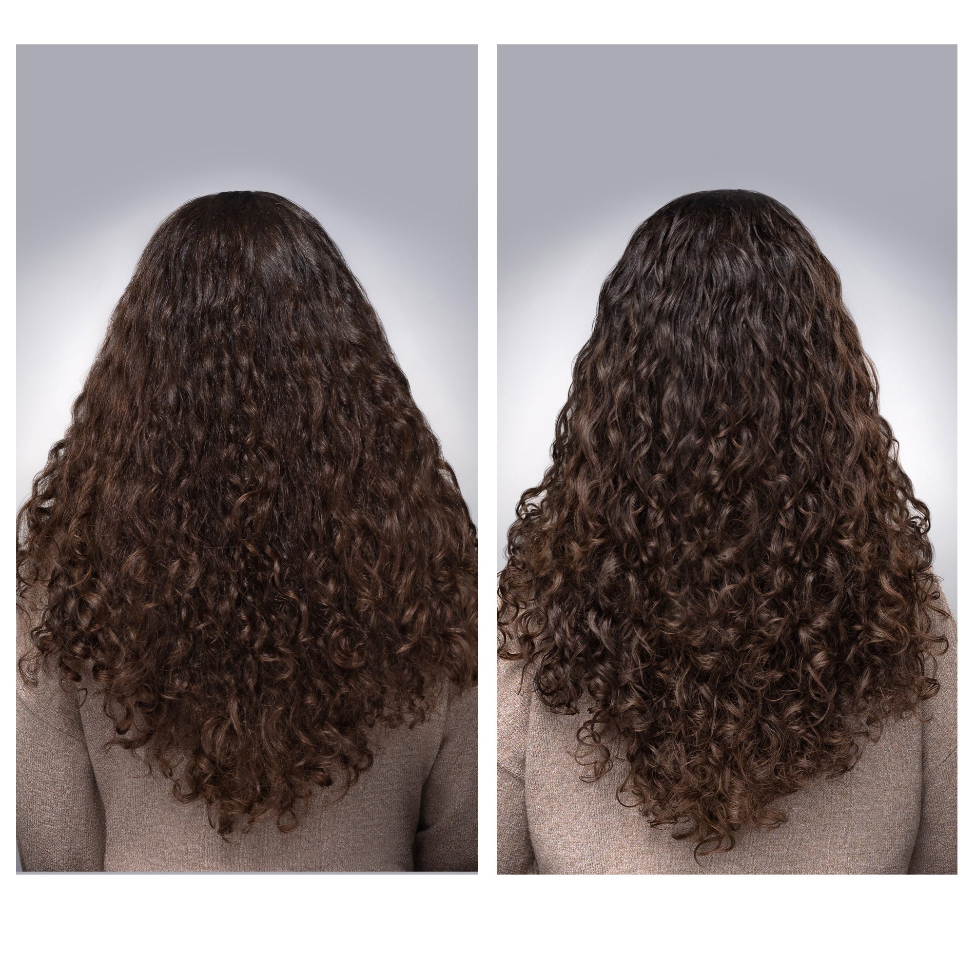 Two views of a person with long, wavy hair on a neutral background