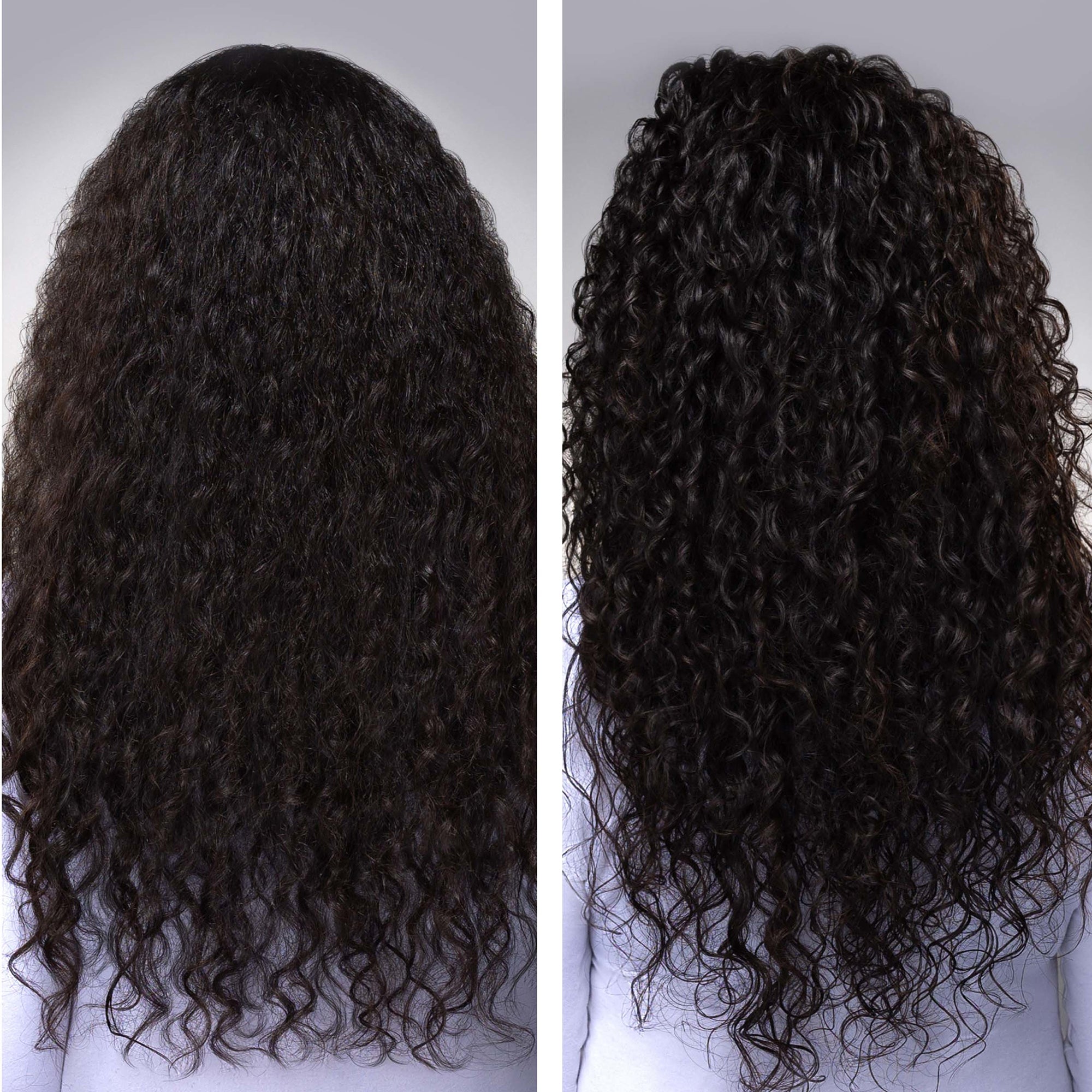 Two views of curly hair on a white background