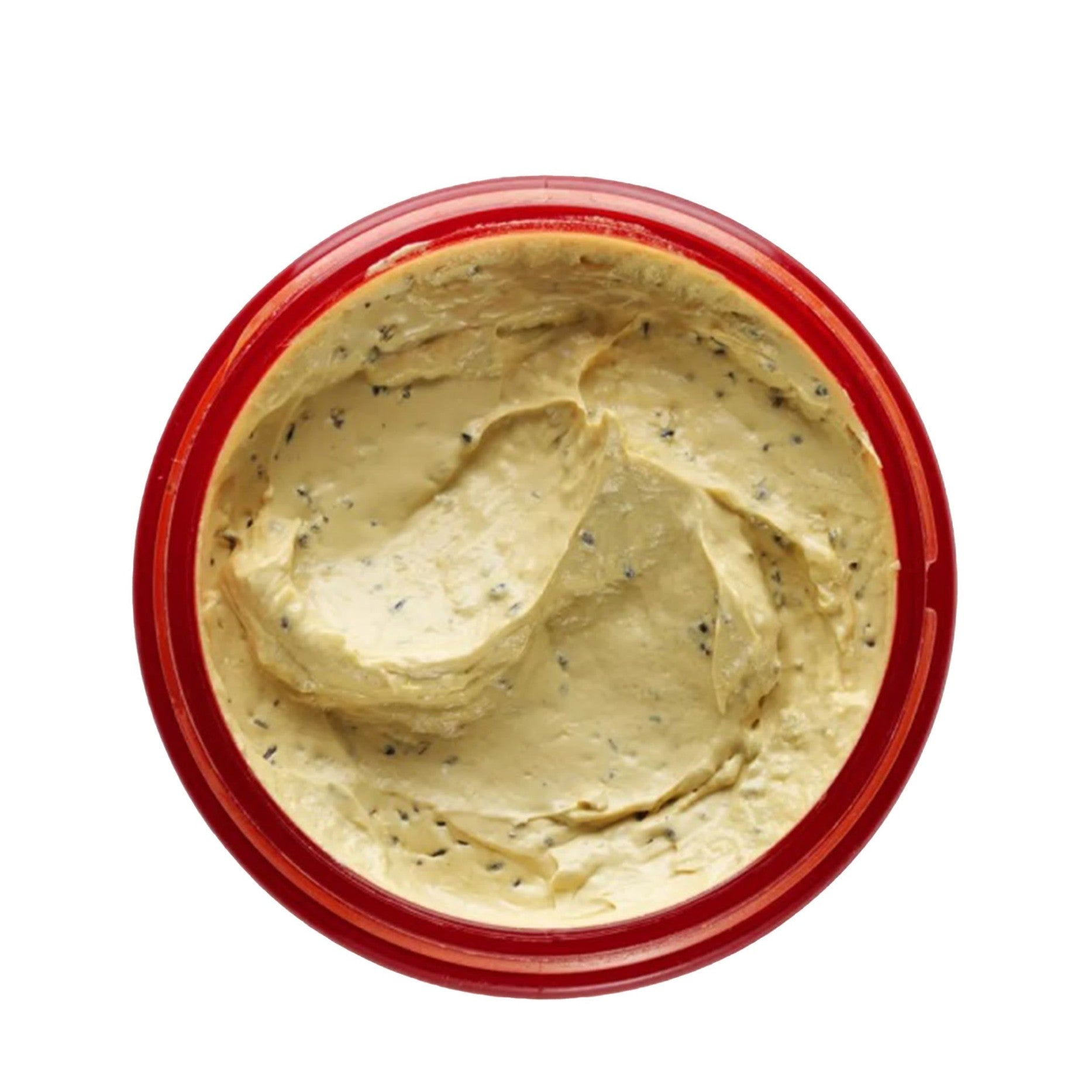 Red container of creamy spread on a white background