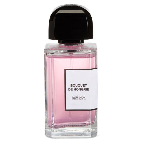 Perfume bottle labeled 'Bouquet de Hongrie' with a black cap on a white background