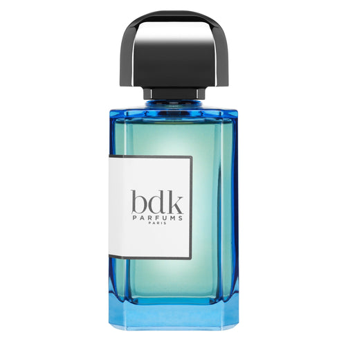 Blue perfume bottle with black cap on a white background