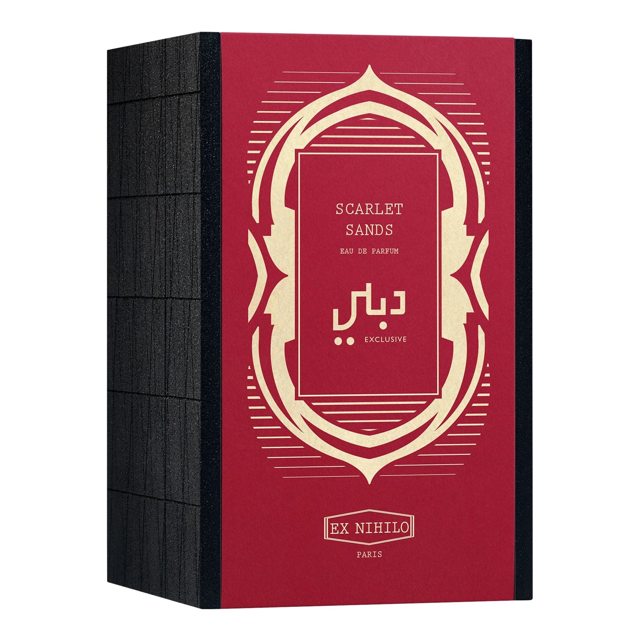 Red and black box with 'Scarlet Sands' branding on a white background