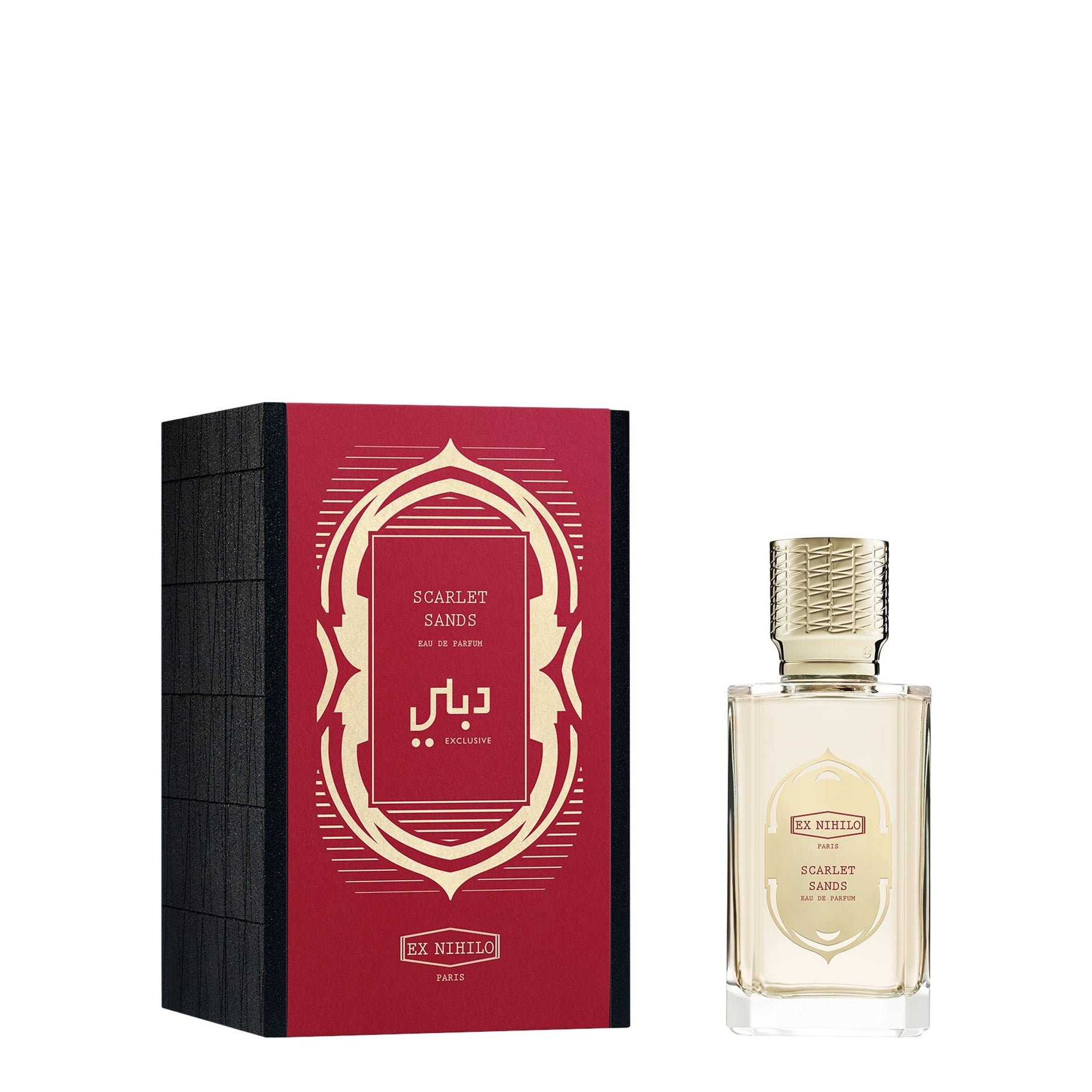 Ex Nihilo Scarlet Sands perfume bottle and packaging on a white background