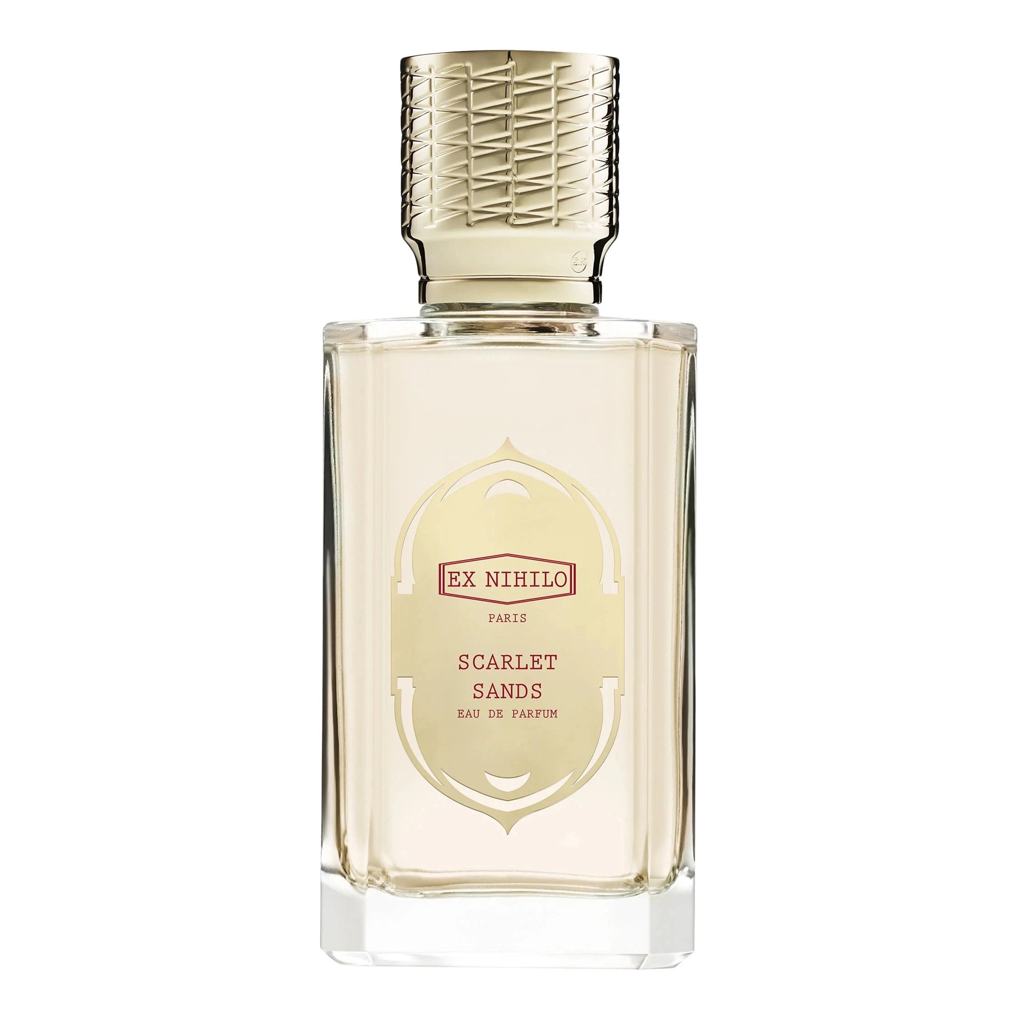Perfume bottle labeled 'Ex Nihilo Scarlet Sands' on a white background