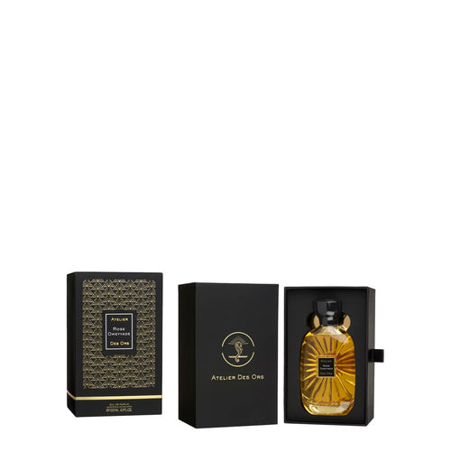 Perfume bottle and packaging with brand logo on a white background