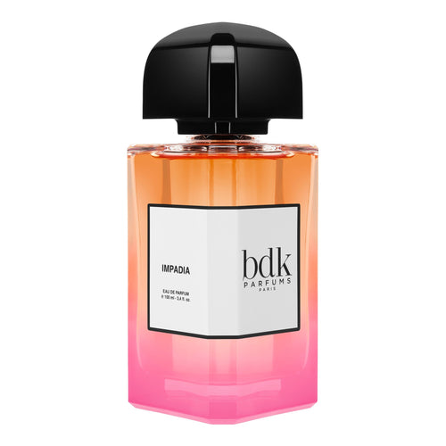 Perfume bottle with gradient design and black cap on a white background