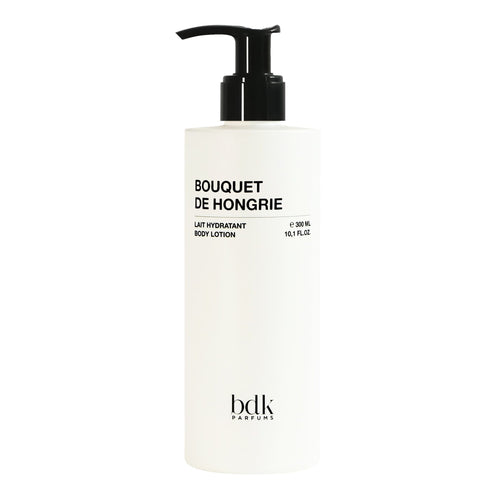 Bottle of 'Bouquet de Hongrie' body lotion by bdlk on a white background