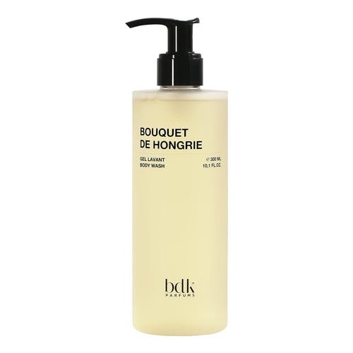 Bottle of 'Bouquet de Hongrie' body wash with pump on a white background