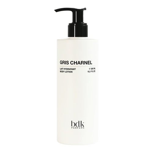 White lotion bottle with black pump and text on a white background