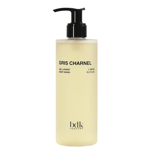 Bottle of Gris Charnel body wash with pump on a white background