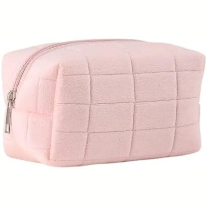Women Pink Plush Quilted Cosmetic Bag