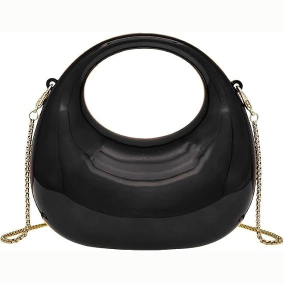 Black mini acrylic clutch crossbody bag with gold chain strap