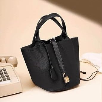 Women's Black Leather Bucket Bag with Lock Detail