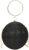 Black round glitter ball evening clutch with crystal rhinestone ring handle and gold chain strap