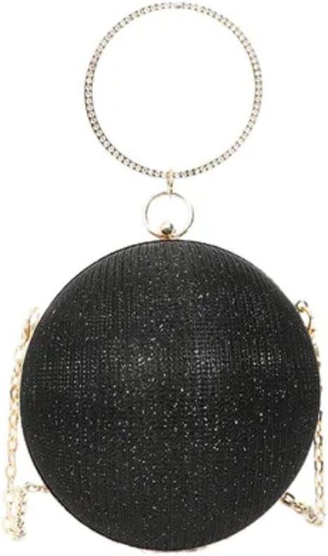 Black round glitter ball evening clutch with crystal rhinestone ring handle and gold chain strap