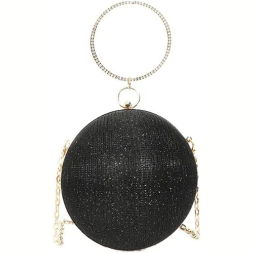 Black round glitter ball evening clutch with crystal rhinestone ring handle and gold chain strap