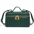 Dark green woven PU leather box crossbody bag with gold zipper and top handle