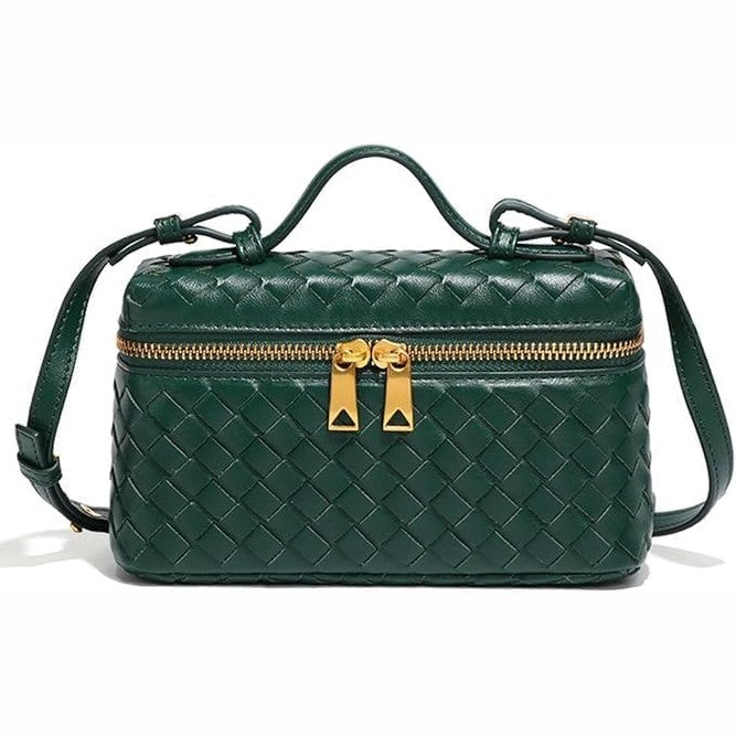 Dark green woven PU leather box crossbody bag with gold zipper and top handle