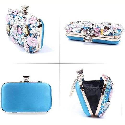 Blue Floral Clutch Evening Bag