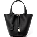 Women's black genuine cowhide leather bucket bag with silver lock detail and top handles