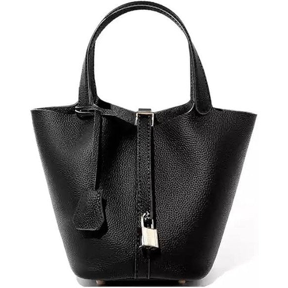 Women's black genuine cowhide leather bucket bag with silver lock detail and top handles