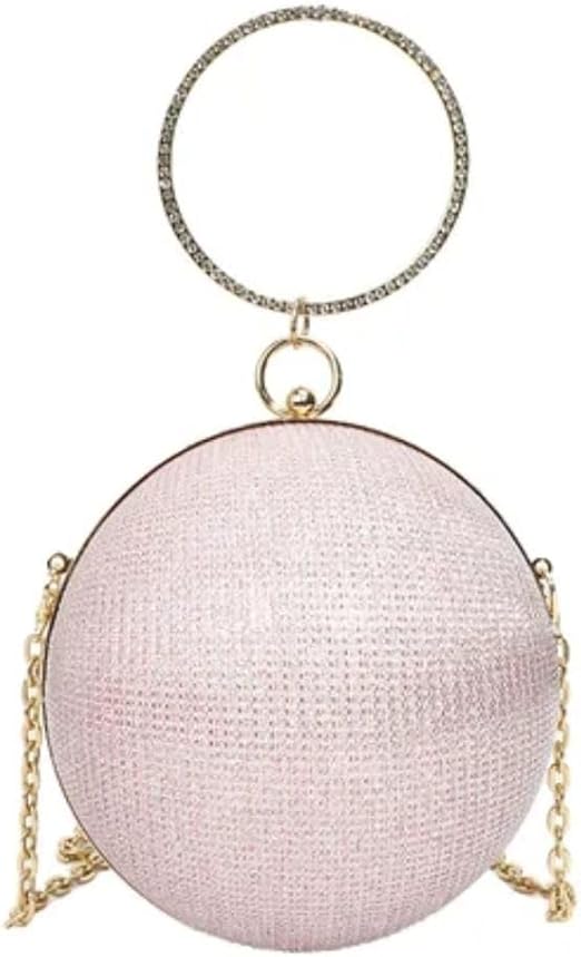 Blush pink round glitter ball evening clutch with crystal rhinestone ring handle and gold chain strap