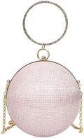 Blush pink round glitter ball evening clutch with crystal rhinestone ring handle and gold chain strap