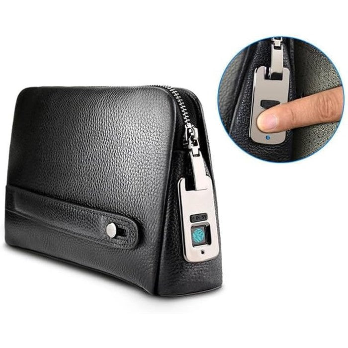 Fingerprint Lock Leather Clutch Bag – Black