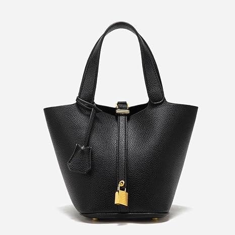 Women's Black Leather Bucket Bag with Lock Detail