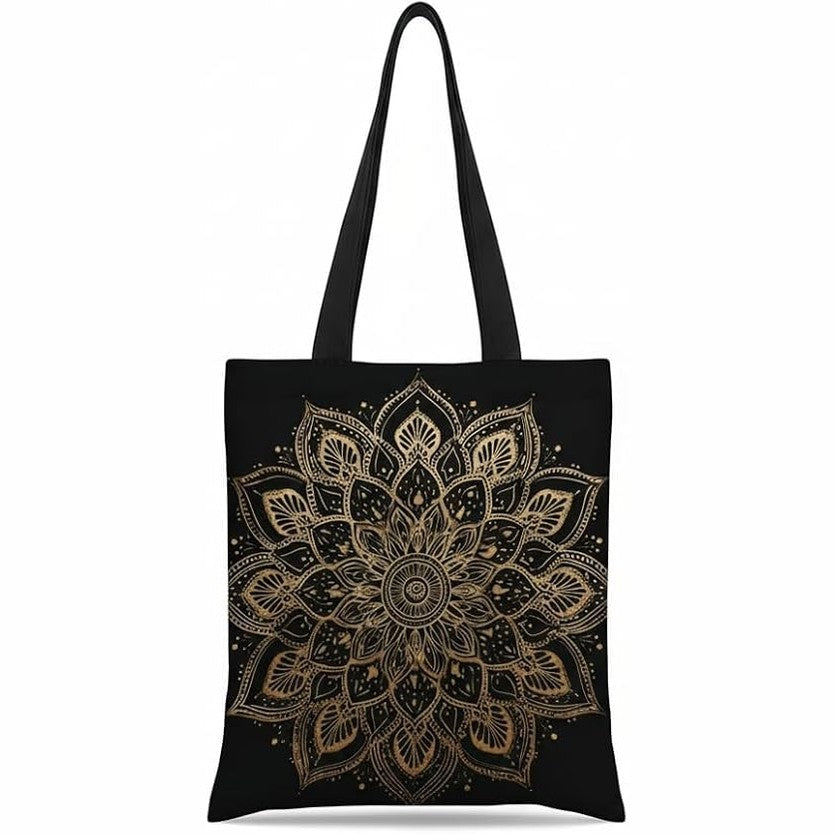 Women Mandala Canvas Tote Bag – Black & Gold Print