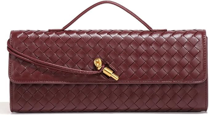 Woven PU Leather Clutch & Crossbody Purse – Burgundy