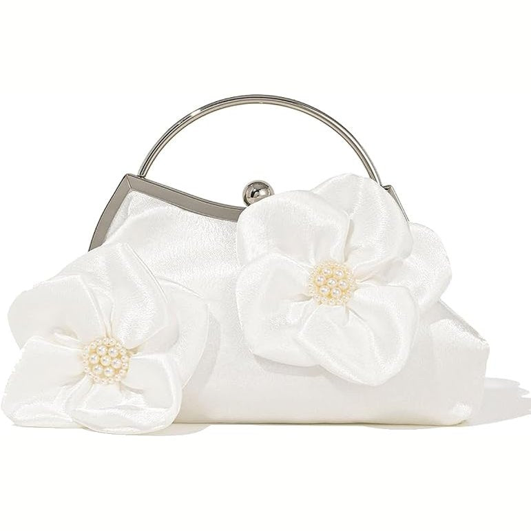 Ivory Floral Satin Evening Clutch