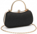 Black glitter evening clutch bag with gold crystal clasp top handle and detachable gold chain strap