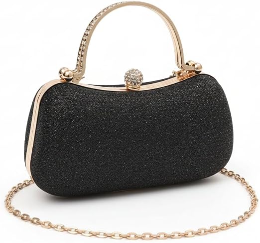 Black glitter evening clutch bag with gold crystal clasp top handle and detachable gold chain strap