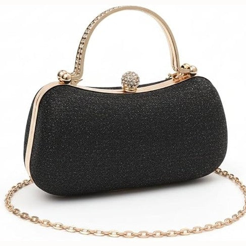 Black glitter evening clutch bag with gold crystal clasp top handle and detachable gold chain strap