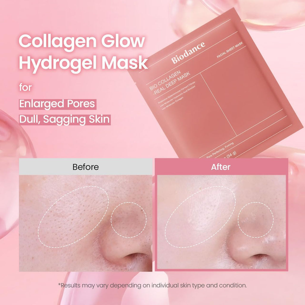 Collagen glow hydrogel mask packaging with before and after effects on skin on a pink background