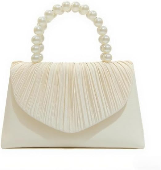 Elegant Pearl Handle Satin Clutch – Ivory White
