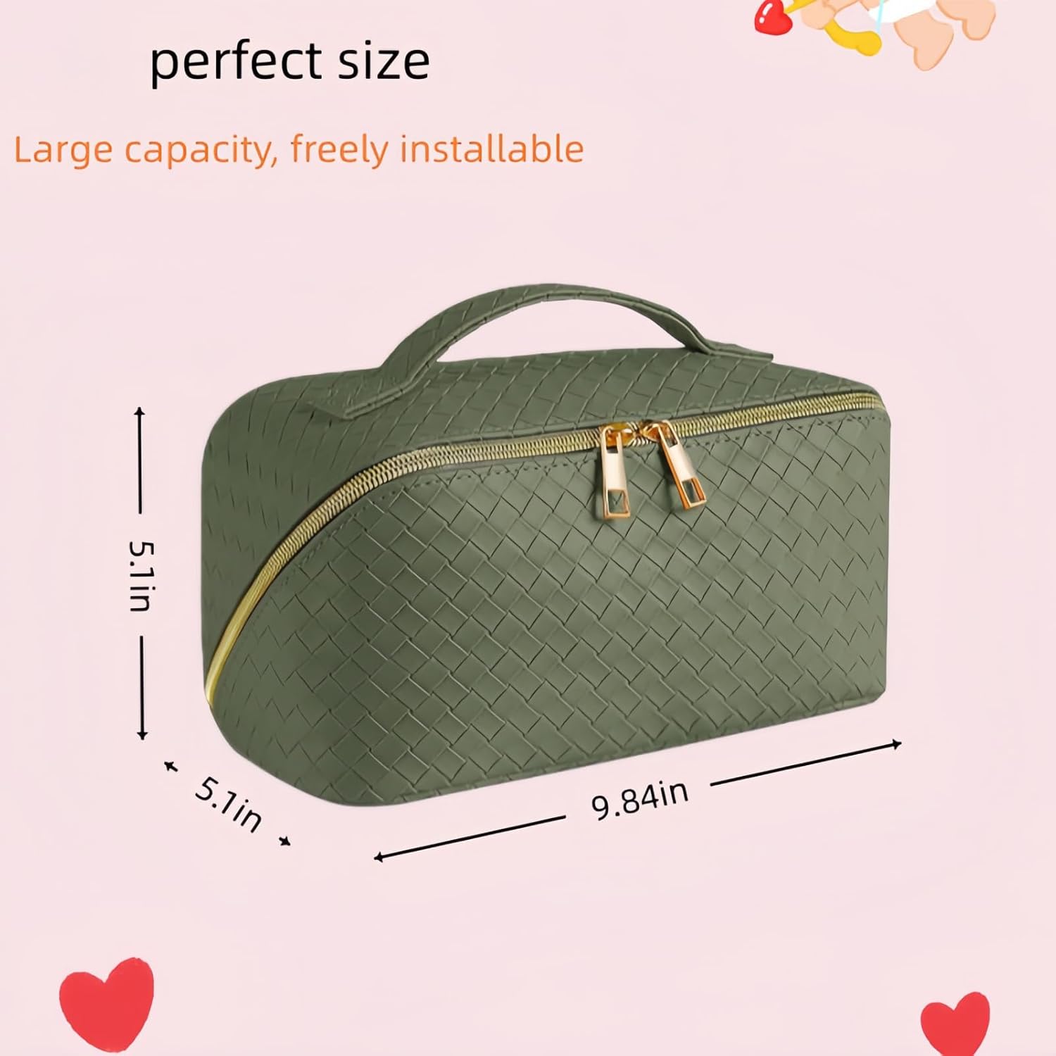 Woven PU Leather Travel Makeup Organizer Bag – Green