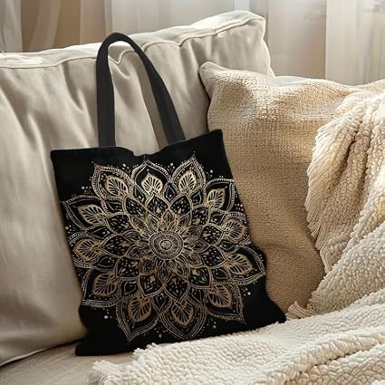 Women Mandala Canvas Tote Bag – Black & Gold Print