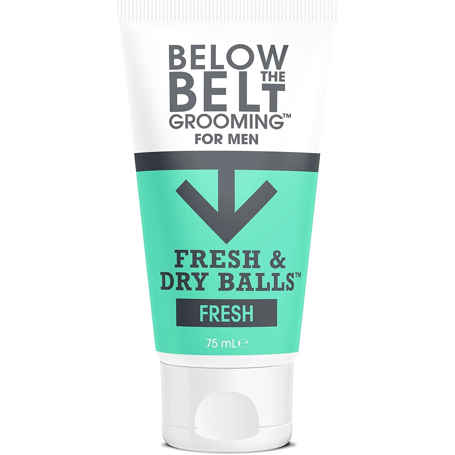 Tube of 'Below the Belt Grooming' fresh and dry balls on a white background