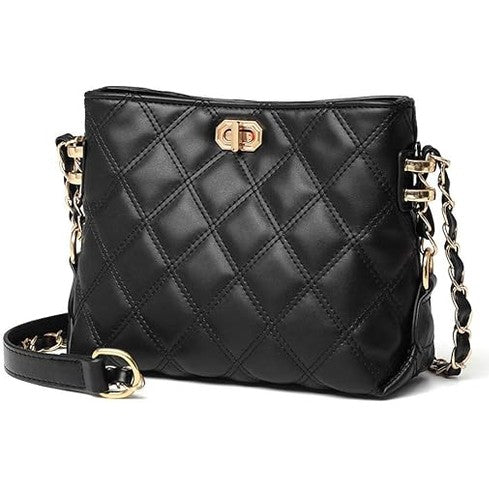 Black quilted PU leather crossbody shoulder bag with gold chain strap and twist-lock closure