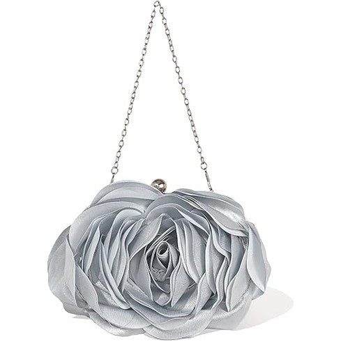 Silver Rose Satin Clutch Bag