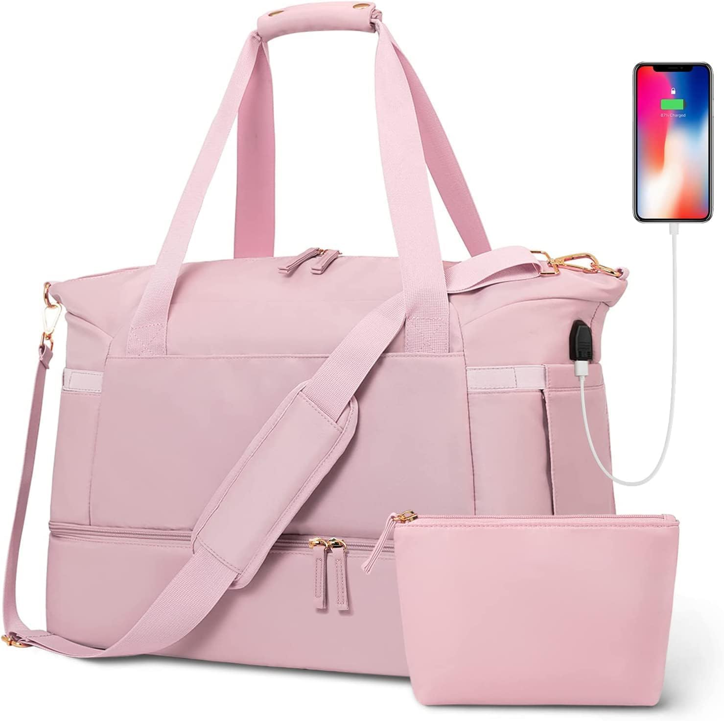 Gym & Travel Duffel Bag with USB Port – Pink