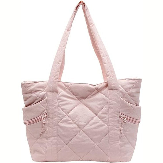 Women Pink Quilted Nylon Tote Shoulder Bag