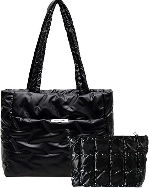 Quilted Puffer Tote Bag – Black