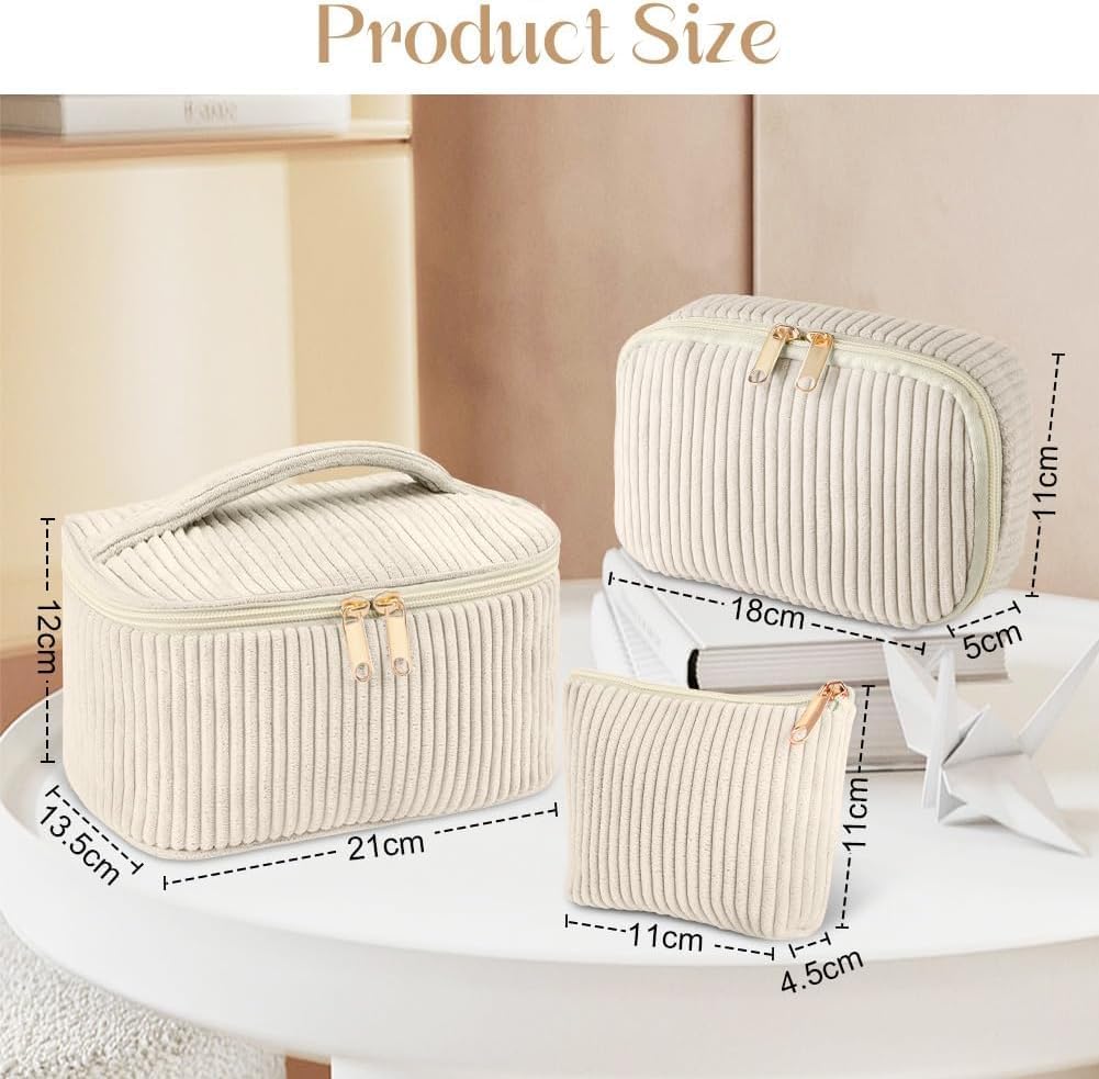 3-Piece Corduroy Cosmetic Bag Set – Khaki
